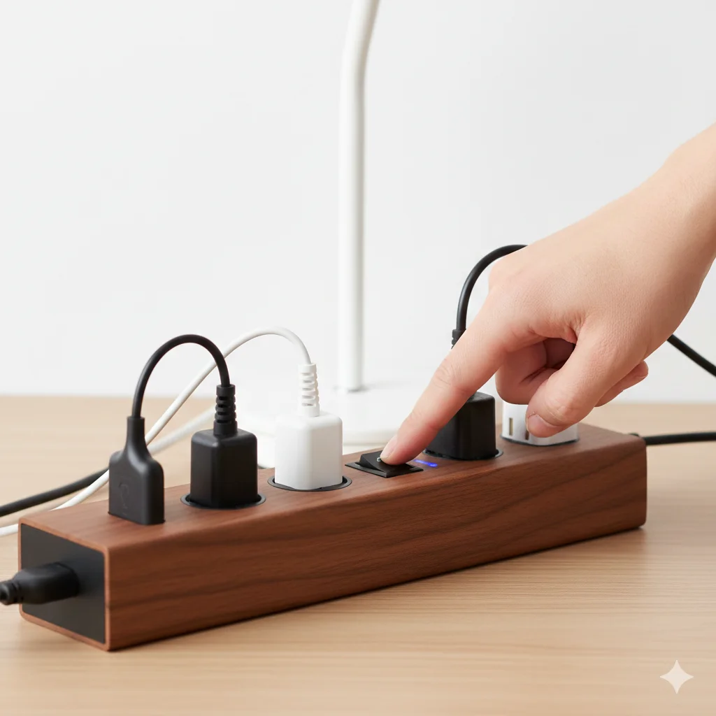 A hand switching off a power strip