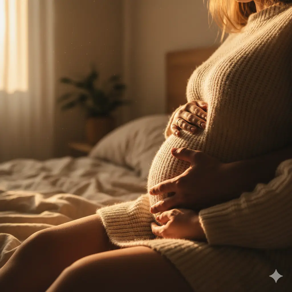 A husband's hand resting gently on his wife's pregnant belly.