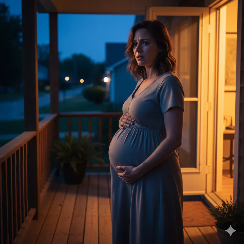 Pregnant woman crying on a porch at sunset