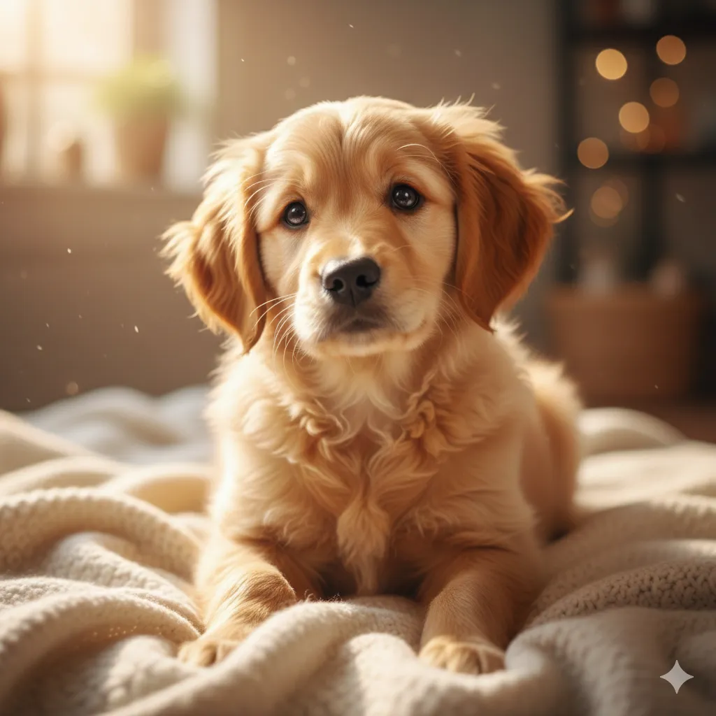 A cute golden retriever puppy sitting in sunlight