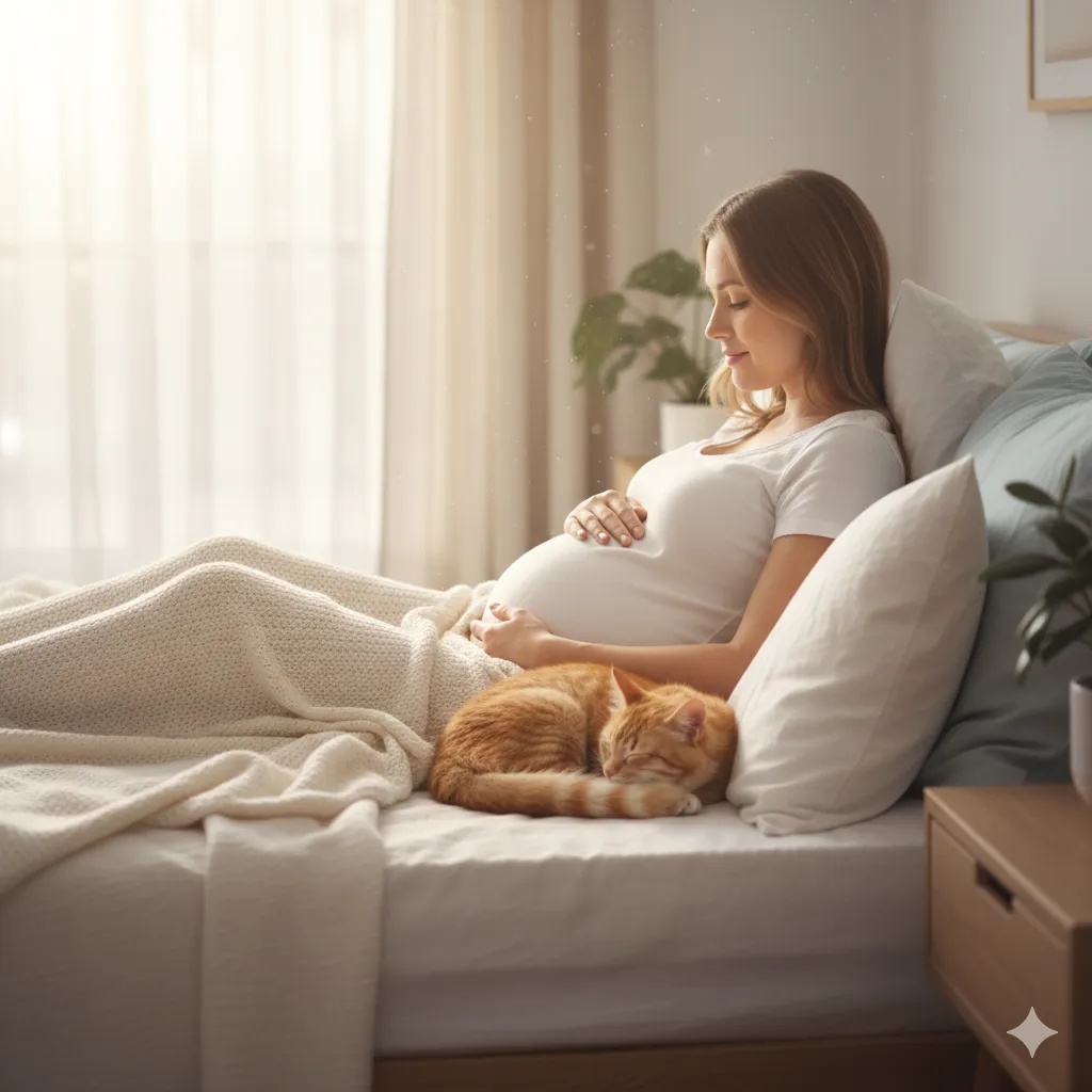 A pregnant woman relaxing with her cat