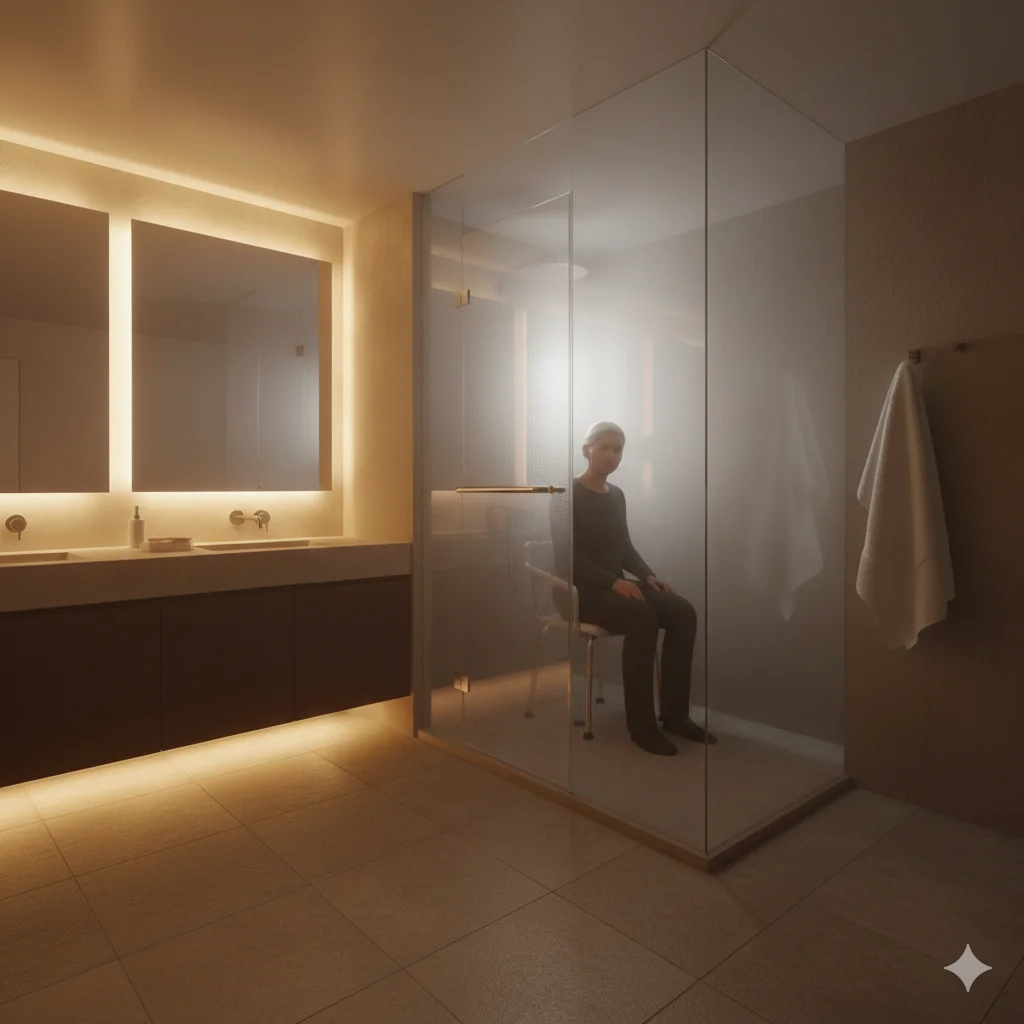 A bright, well-lit bathroom with an older person safely seated on a shower chair with grab bars