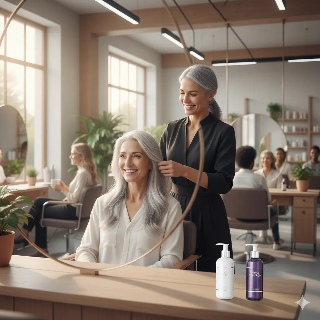 Stylist working with silver hair tones