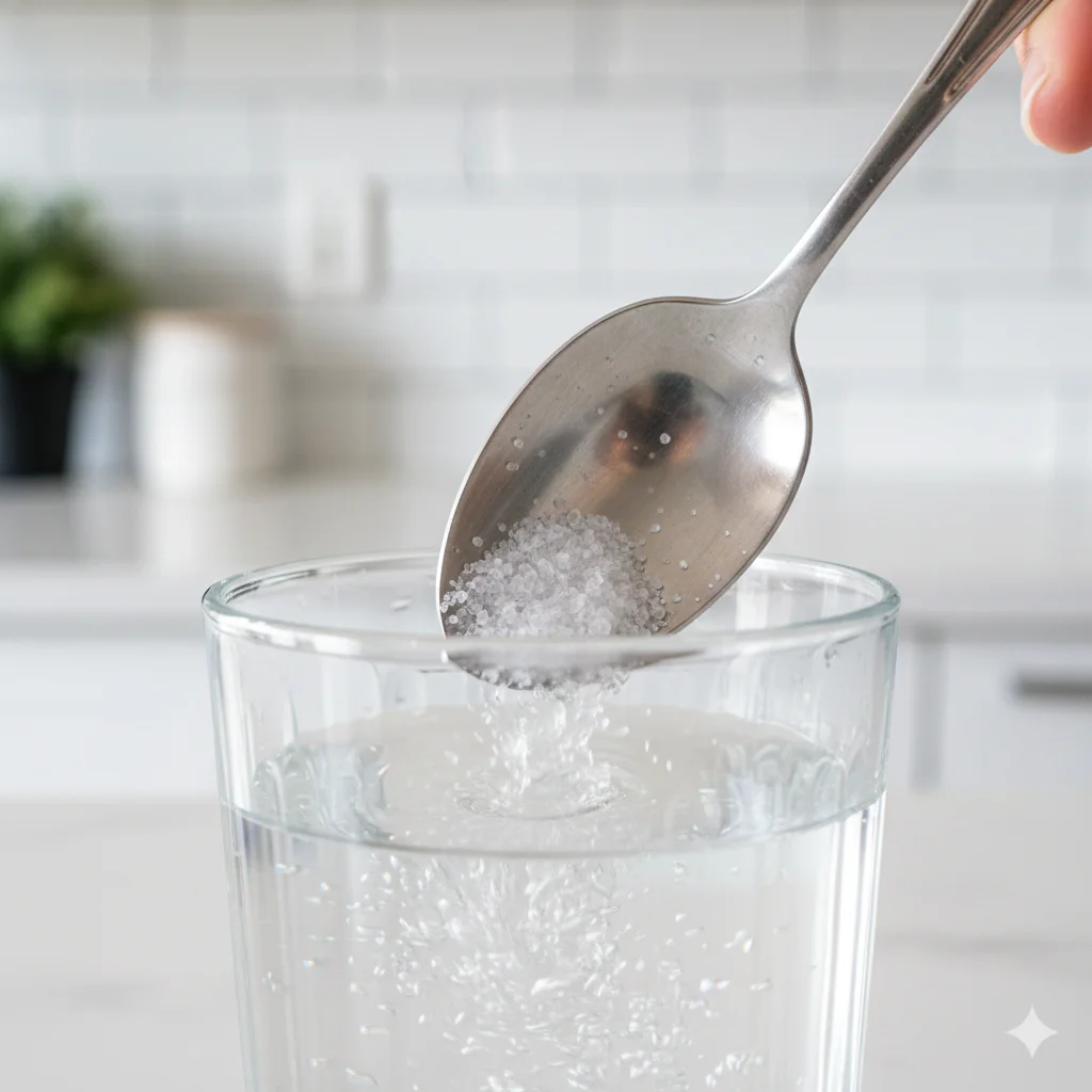 Hand stirring salt and vinegar into a glass of water