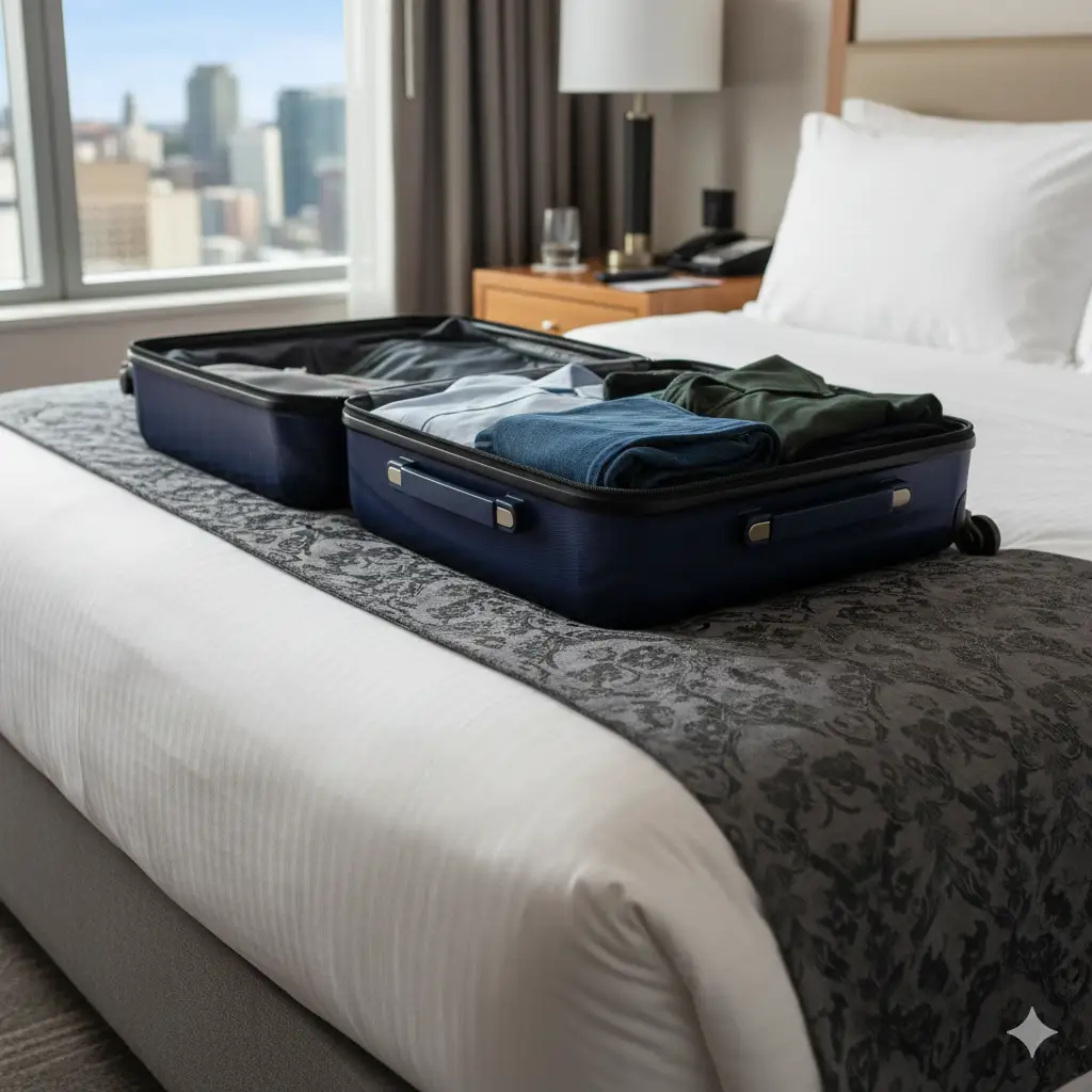 A traveler's open suitcase resting safely on top of the dark fabric runner on a hotel bed.