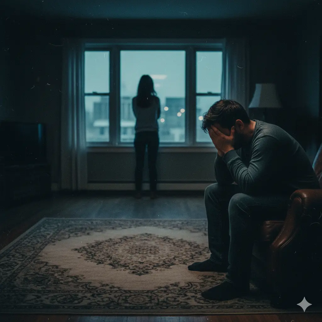 A couple sitting in a dimly lit living room with significant distance between them.