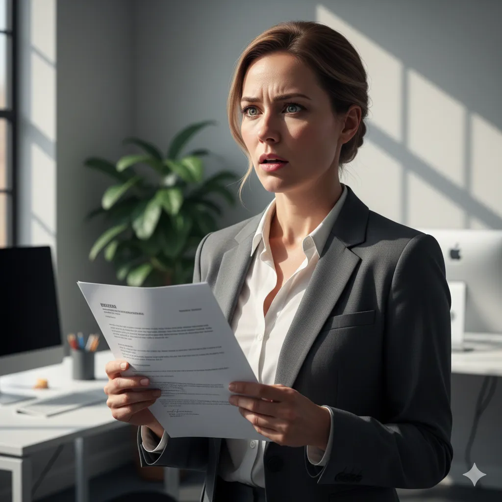A woman looking shocked at a legal document