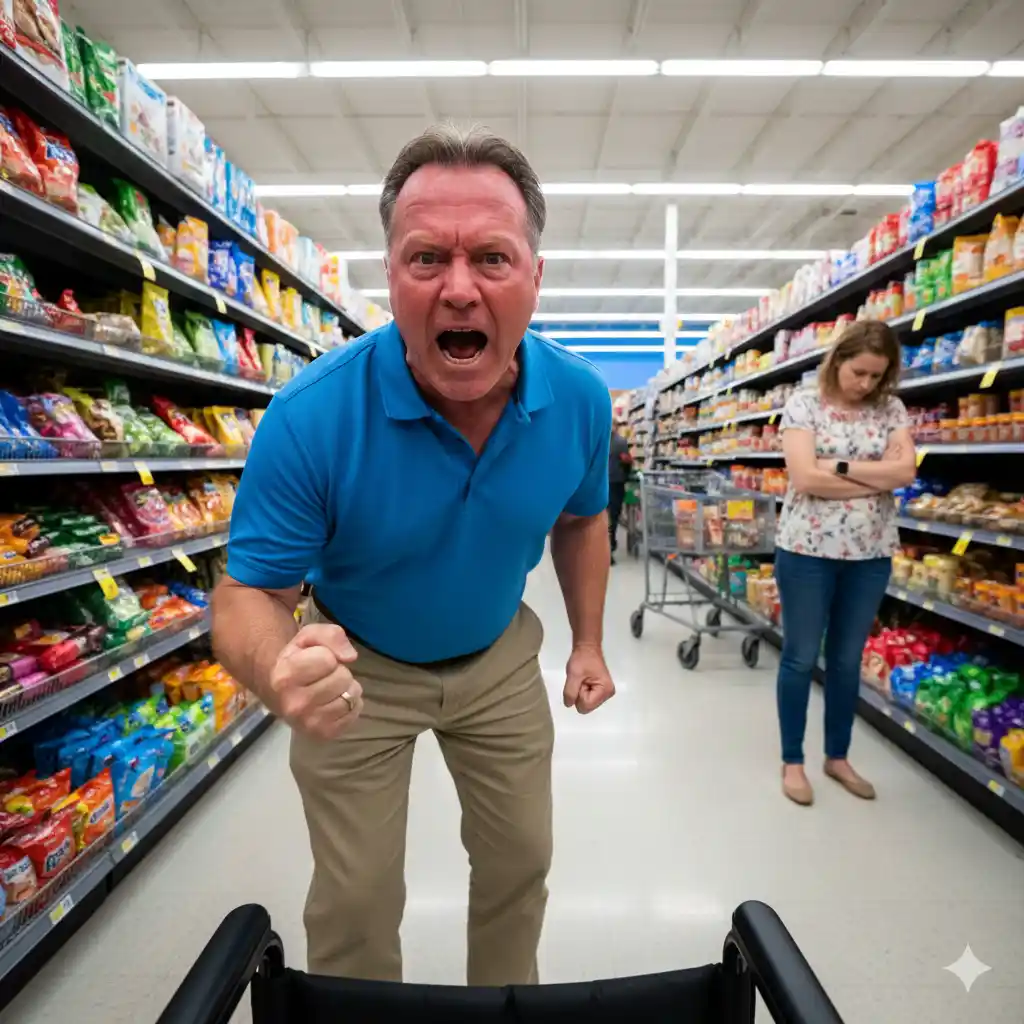 An angry man confronting a person in a wheelchair in a store aisle.