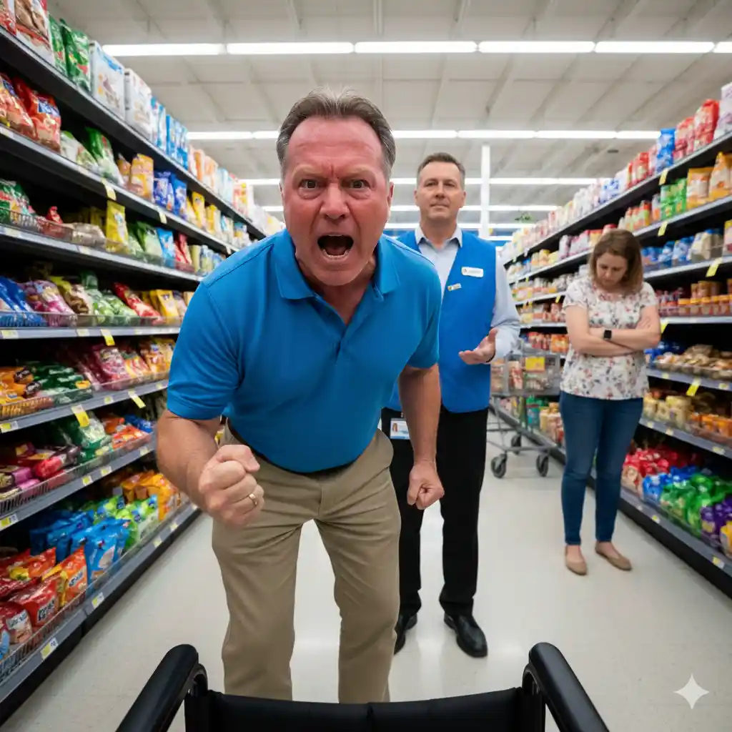 A Walmart employee calmly intervening in a dispute.