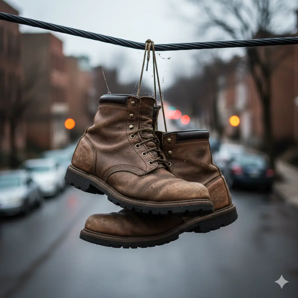 weathered boots on wire