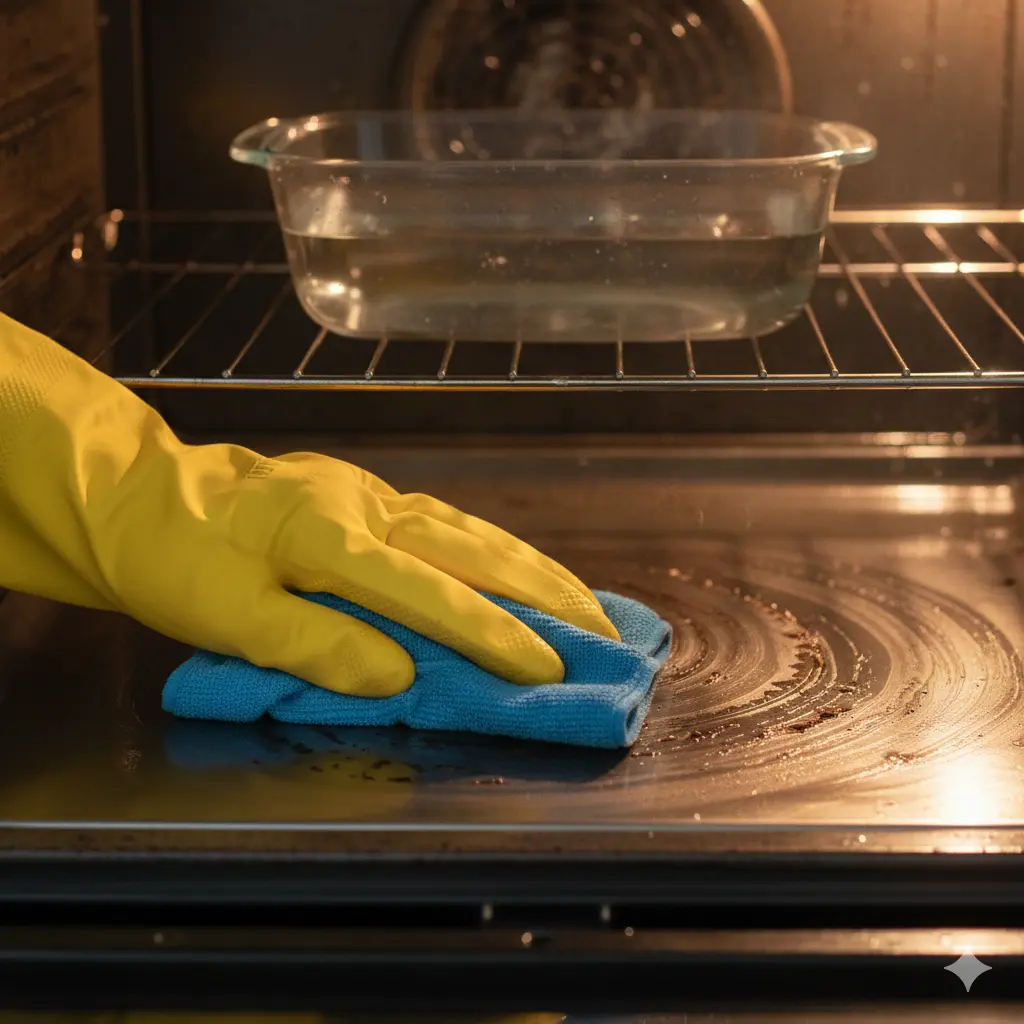 A hand with a cloth wiping greasy residue easily from the oven floor.