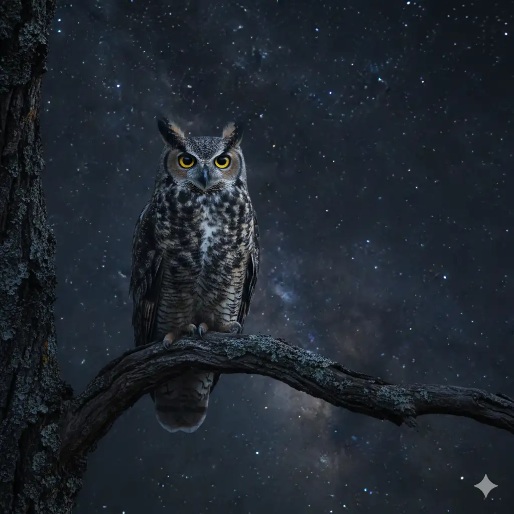 A wise owl perched on a branch under stars