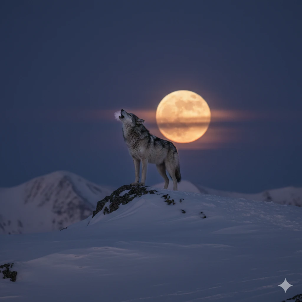 A grey wolf howling on a snowy ridge at twilight