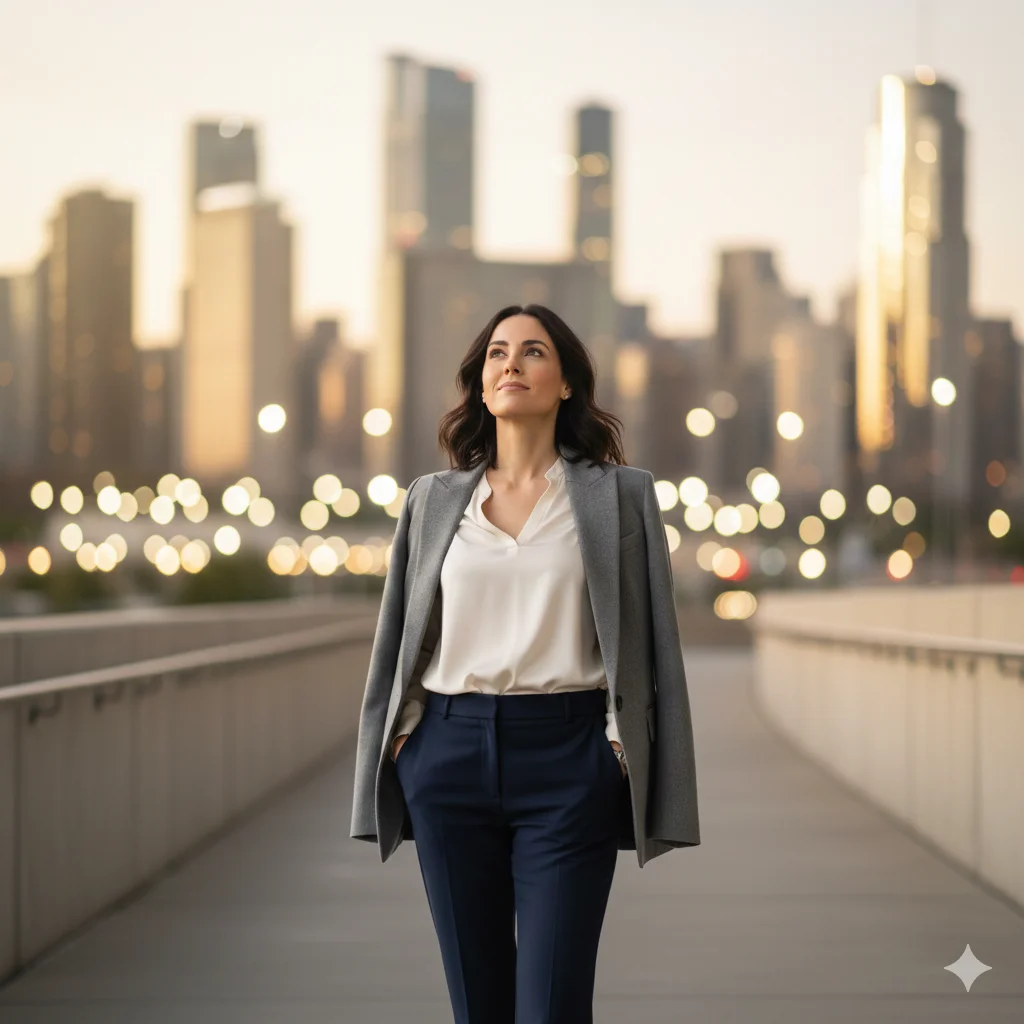A woman looking up confidently, suggesting resilience and progress