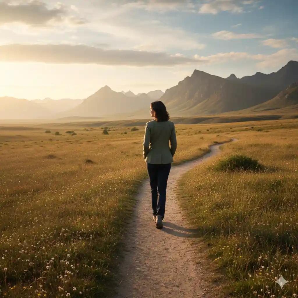 A woman confidently walking on a path in nature
