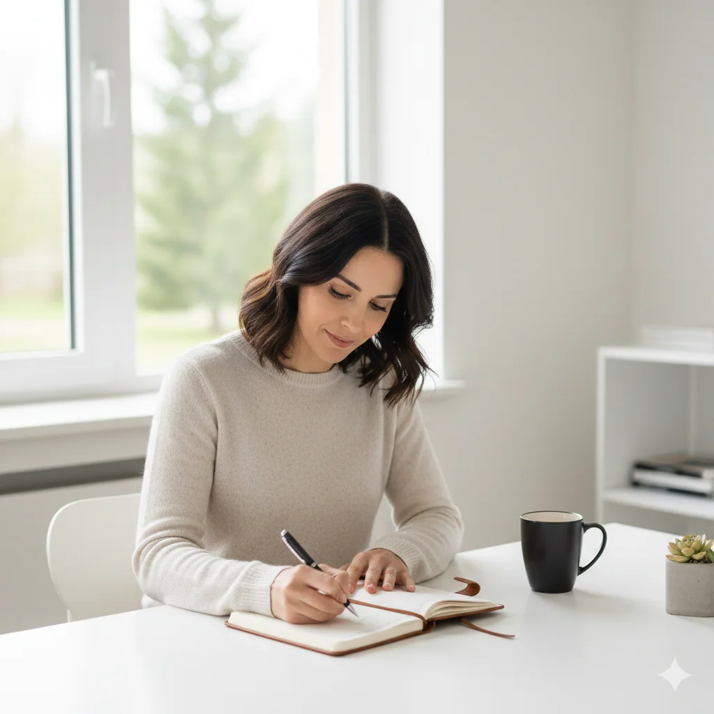 A woman thoughtfully writing in a journal at a minimalist desk