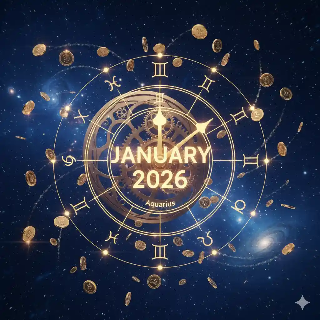 A celestial star chart glowing with gold coins and the date January 2026