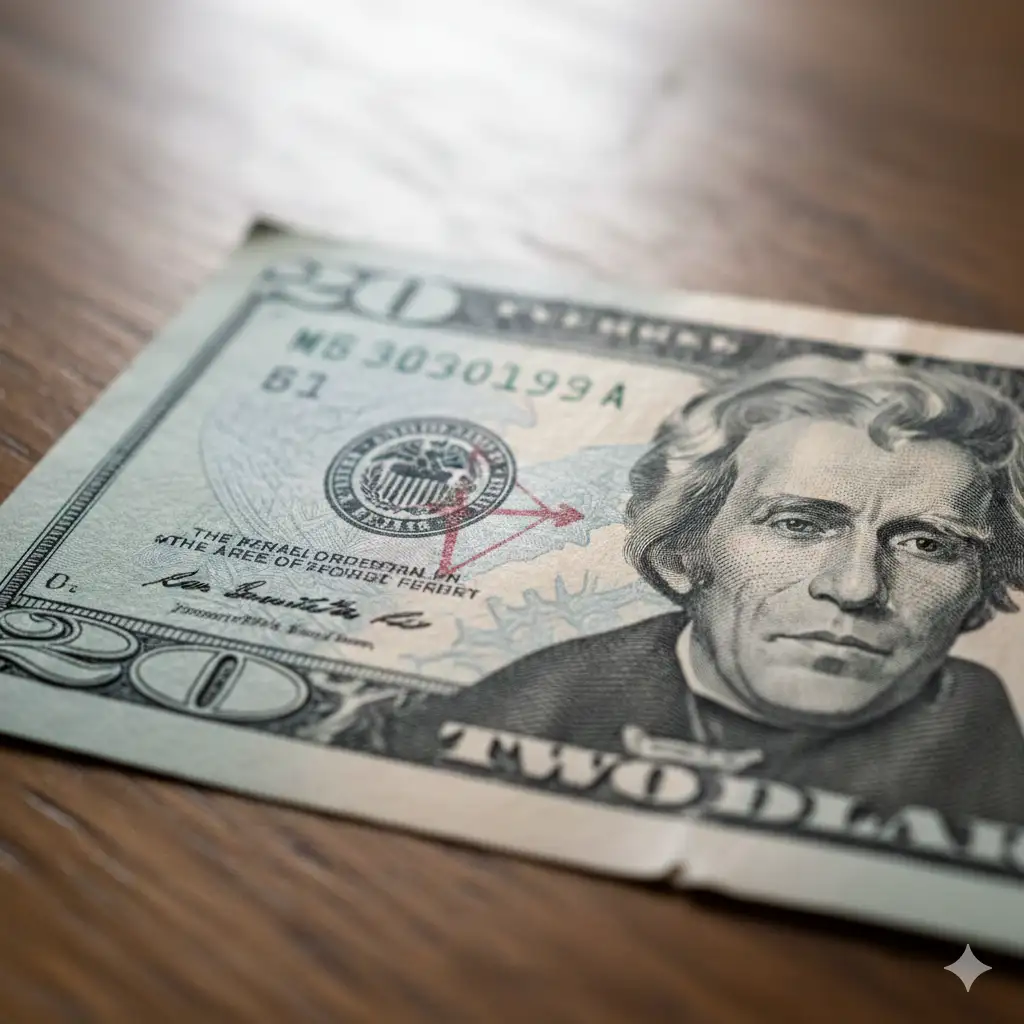 Close-up of a $20 bill showing a small mysterious red chop mark near the portrait