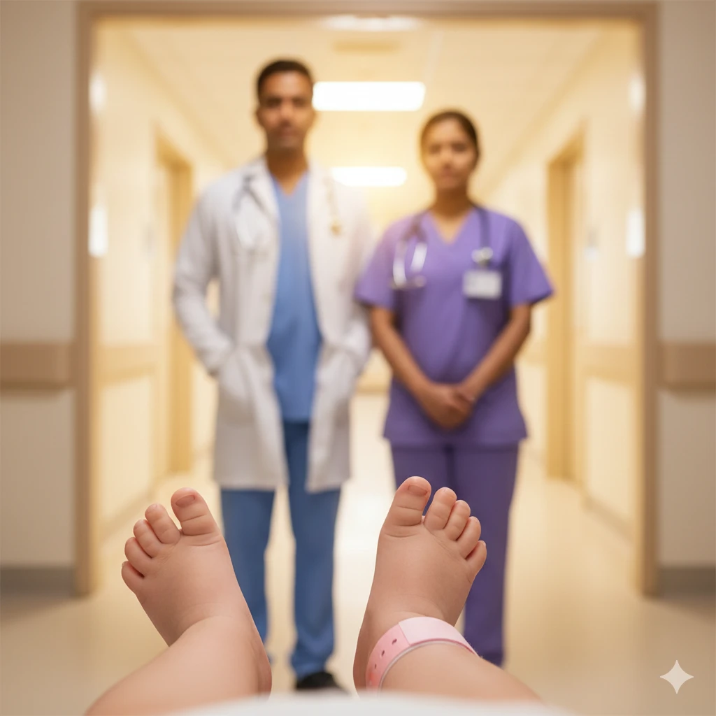 A symbolic image of a baby girl's tiny feet with supportive medical staff in the background, representing protection and equality
