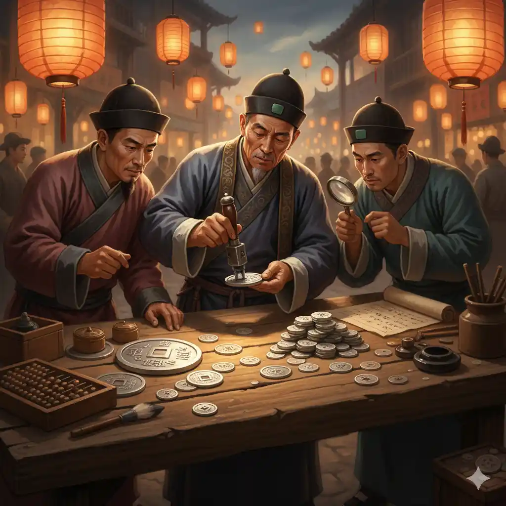 Ancient Chinese merchants stamping silver coins as part of chop marking tradition