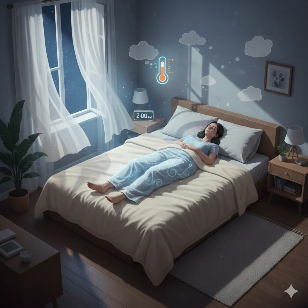 Person awake at 2AM sitting in bed under soft moonlight