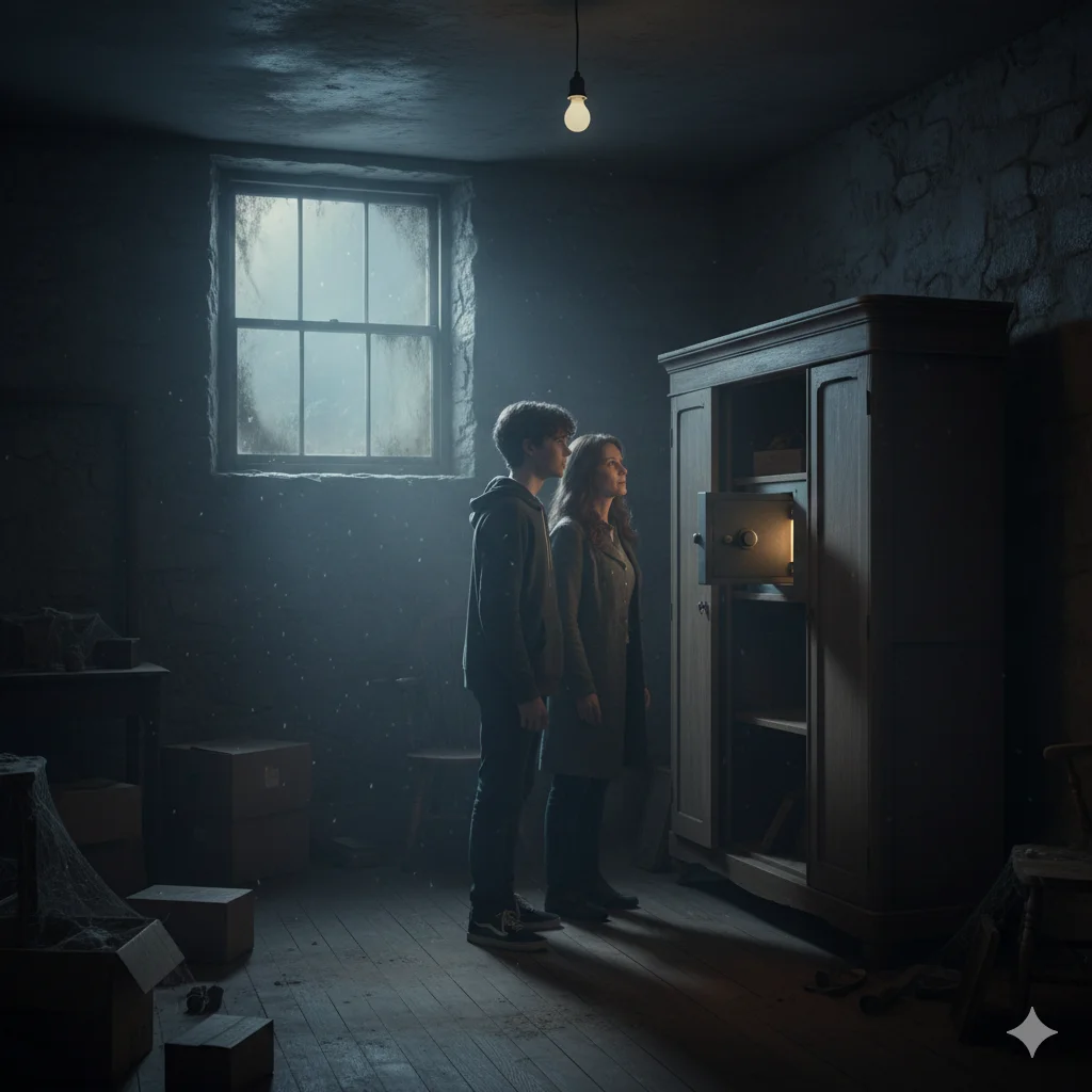 Mother and son finding a safe in the basement