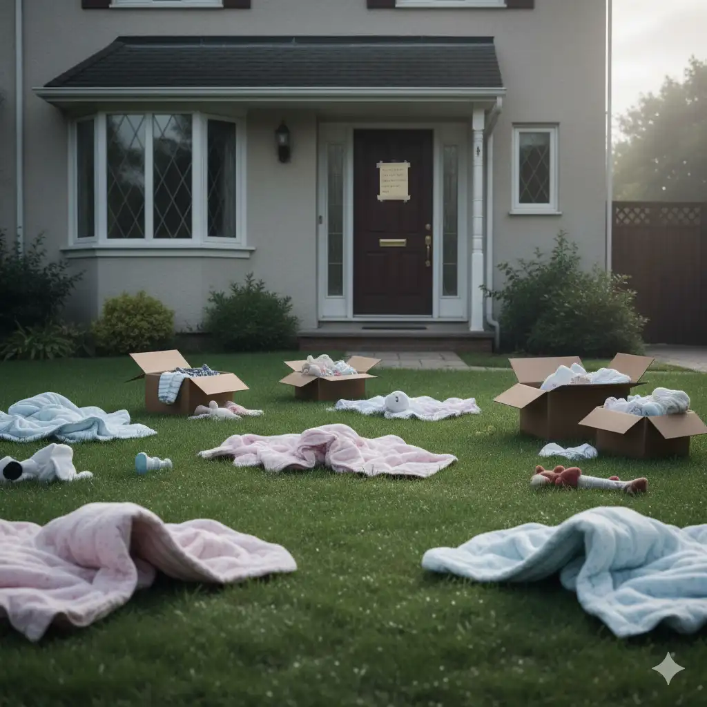 Baby blankets and personal belongings scattered across a suburban lawn with note on door