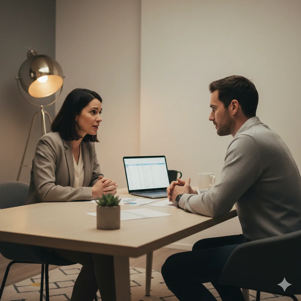 Two coworkers having an honest direct conversation