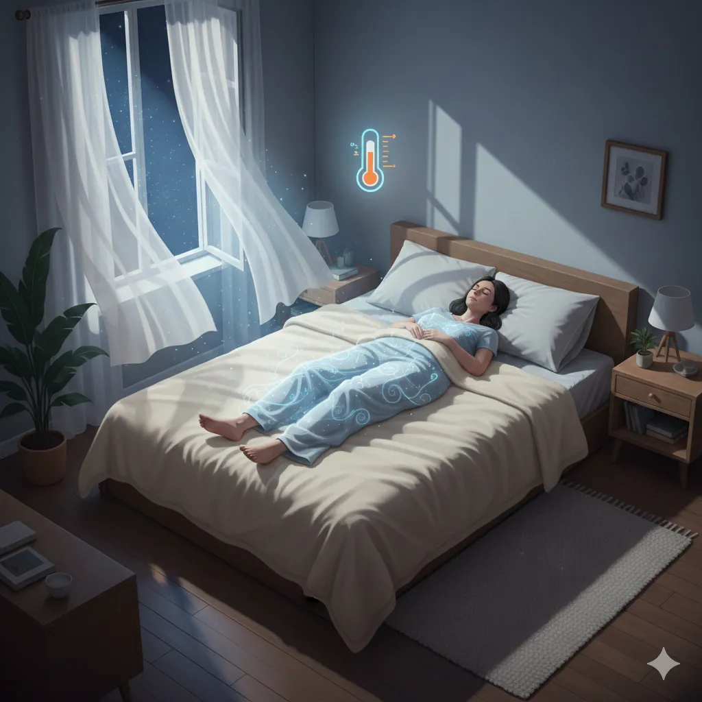 Peaceful bedroom showing ideal temperature environment for deep sleep
