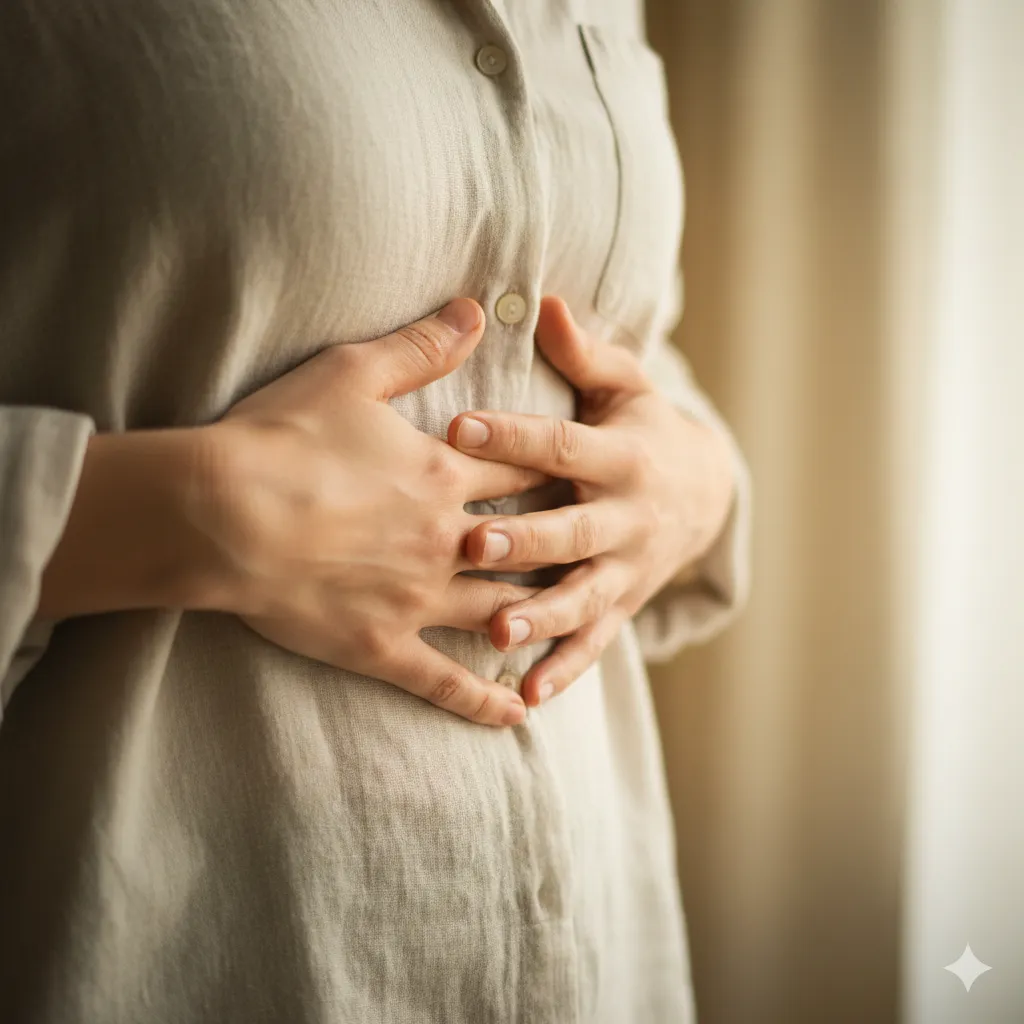 A person's hands gently pressed against their chest, suggesting introspection.