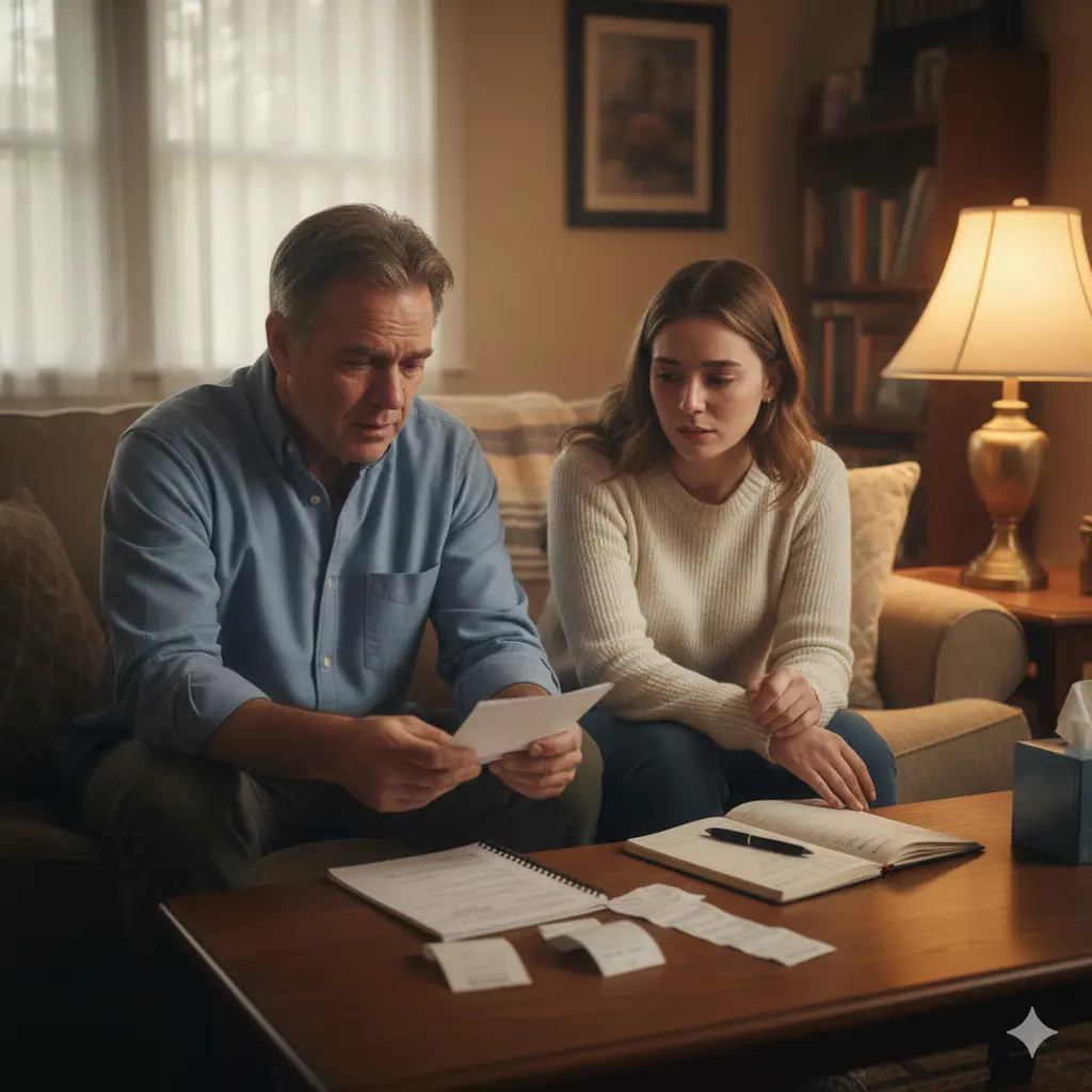 A father and his son’s fiancée sitting together in a warm living room at night, talking quietly with papers on the table, finding compassion in shared grief.