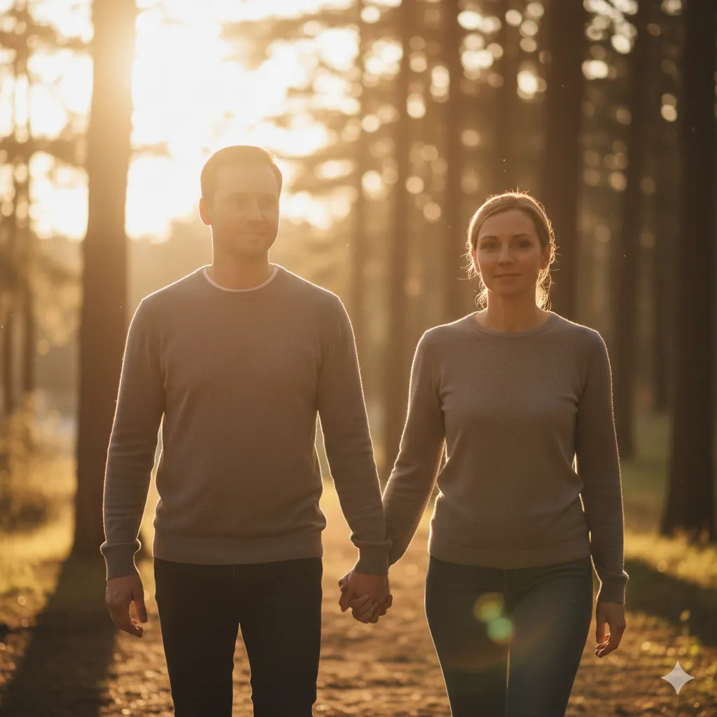 A couple walking hand in hand at sunset symbolizing reconnection and renewed intimacy
