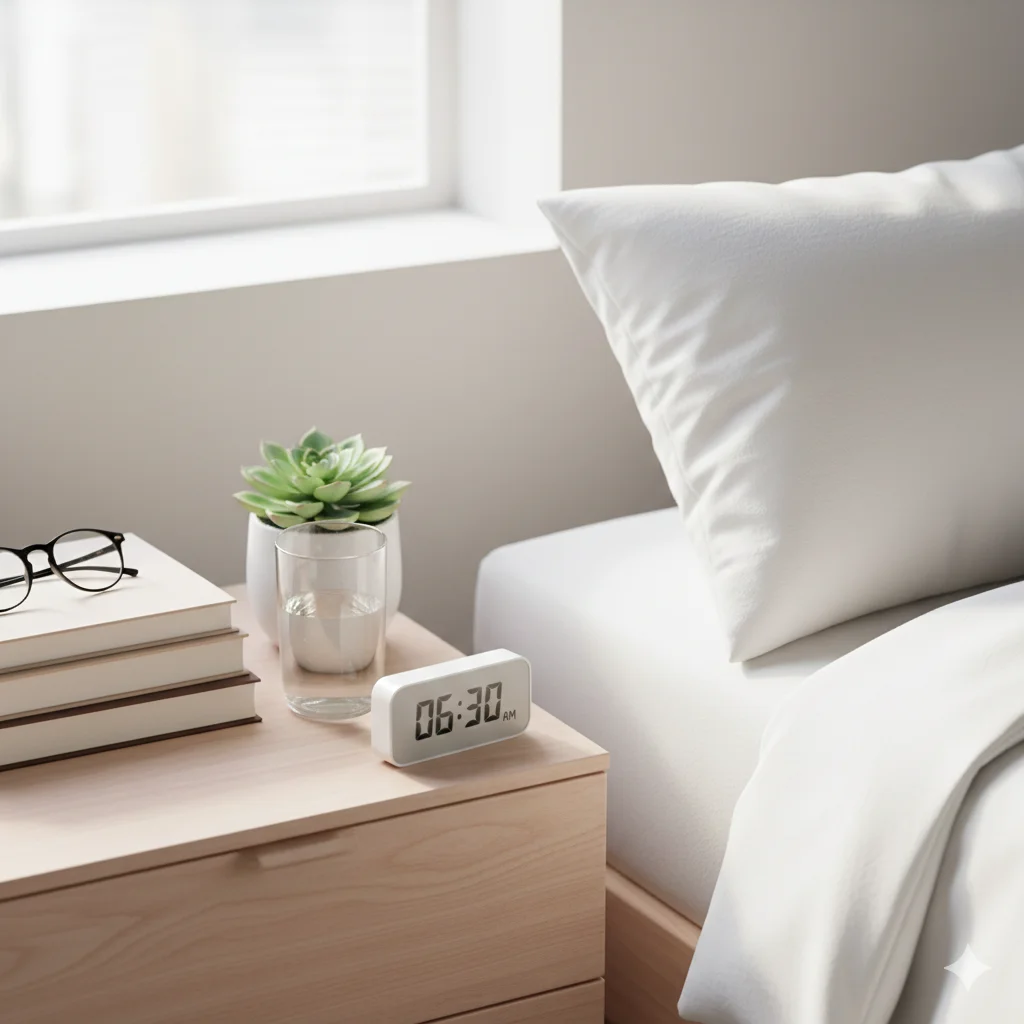 Clean nightstand with water and books for good sleep hygiene