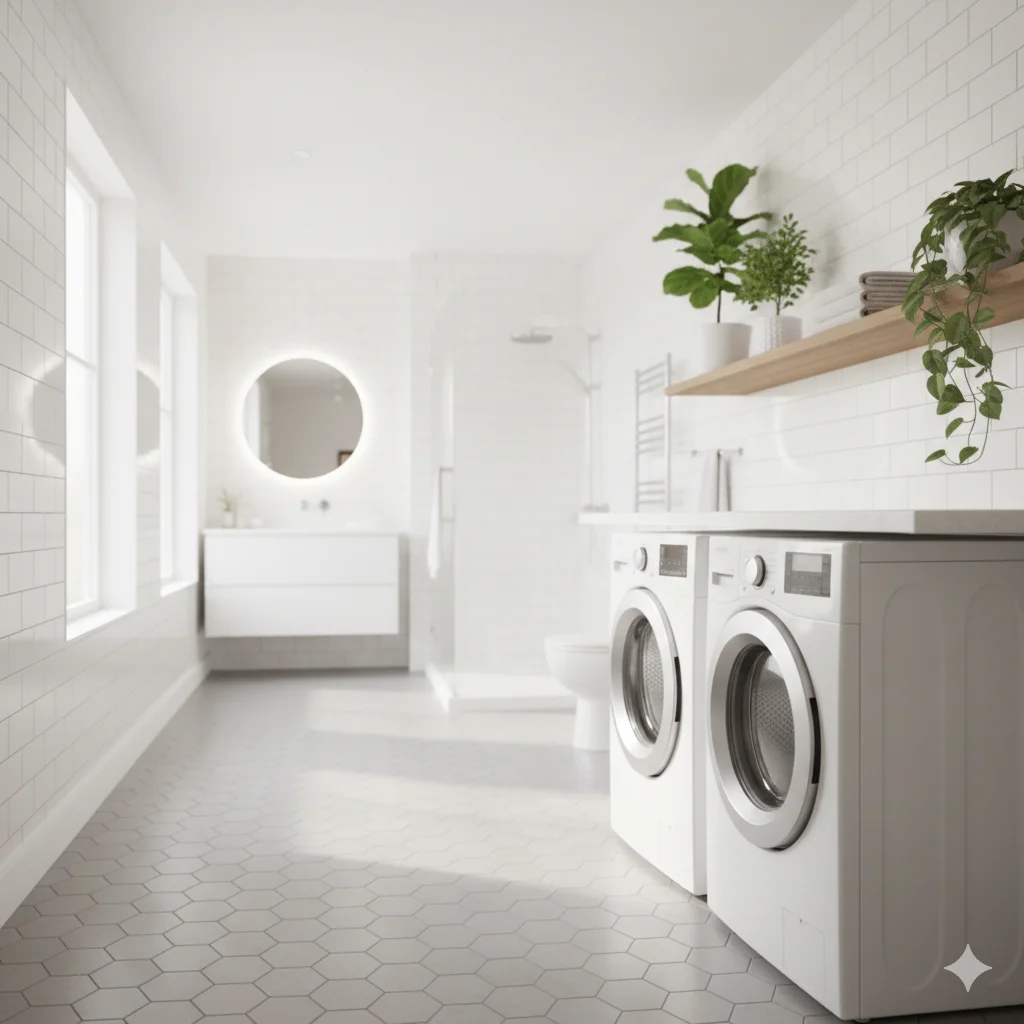 A sparkling clean laundry room with white tiles