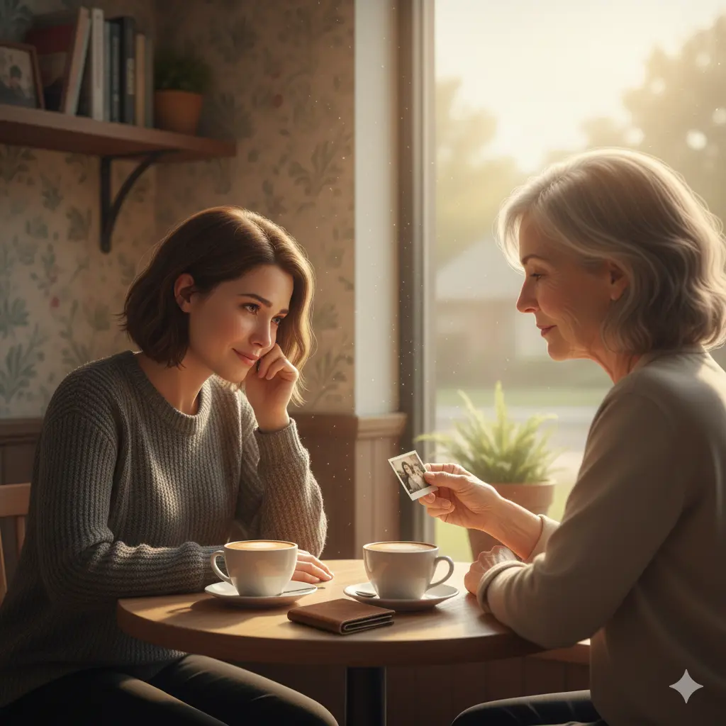 Two women talking emotionally in a coffee shop