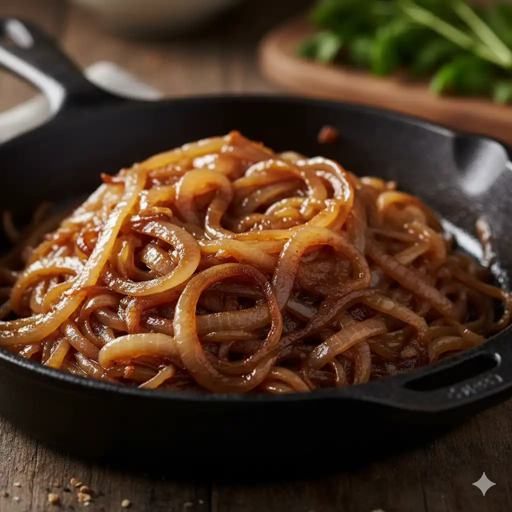 A skillet of caramelized golden onions