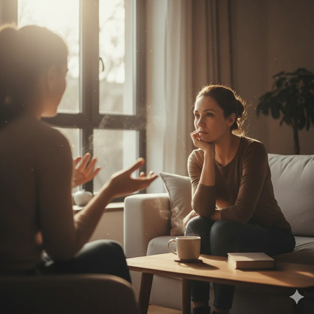 Person looking out window thoughtfully during a chat