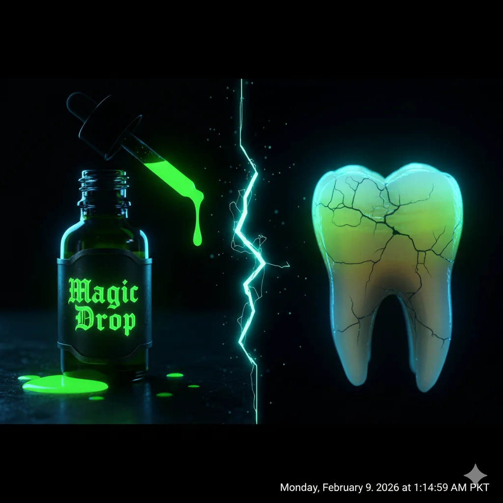 Conceptual image of a mysterious magic drop bottle and a cracked tooth
