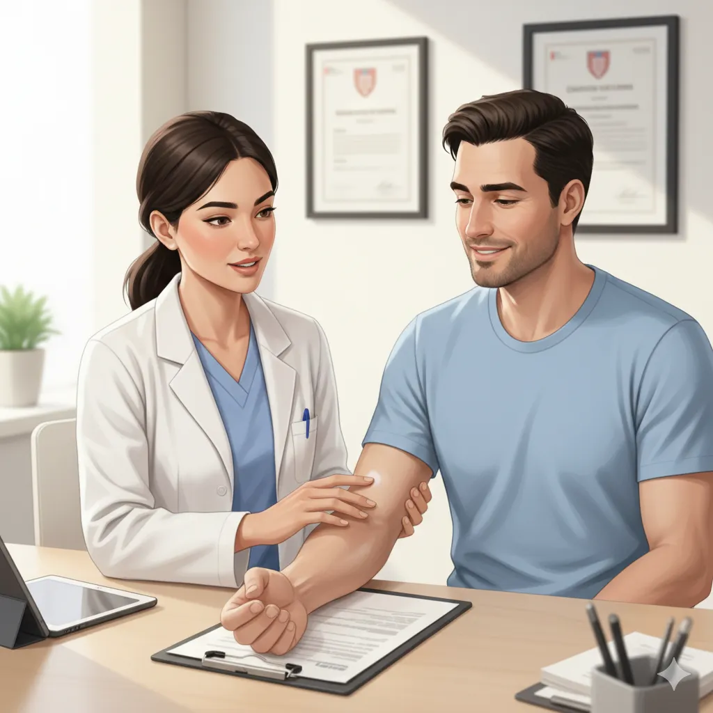 Dermatologist examining a patient's skin in clinic