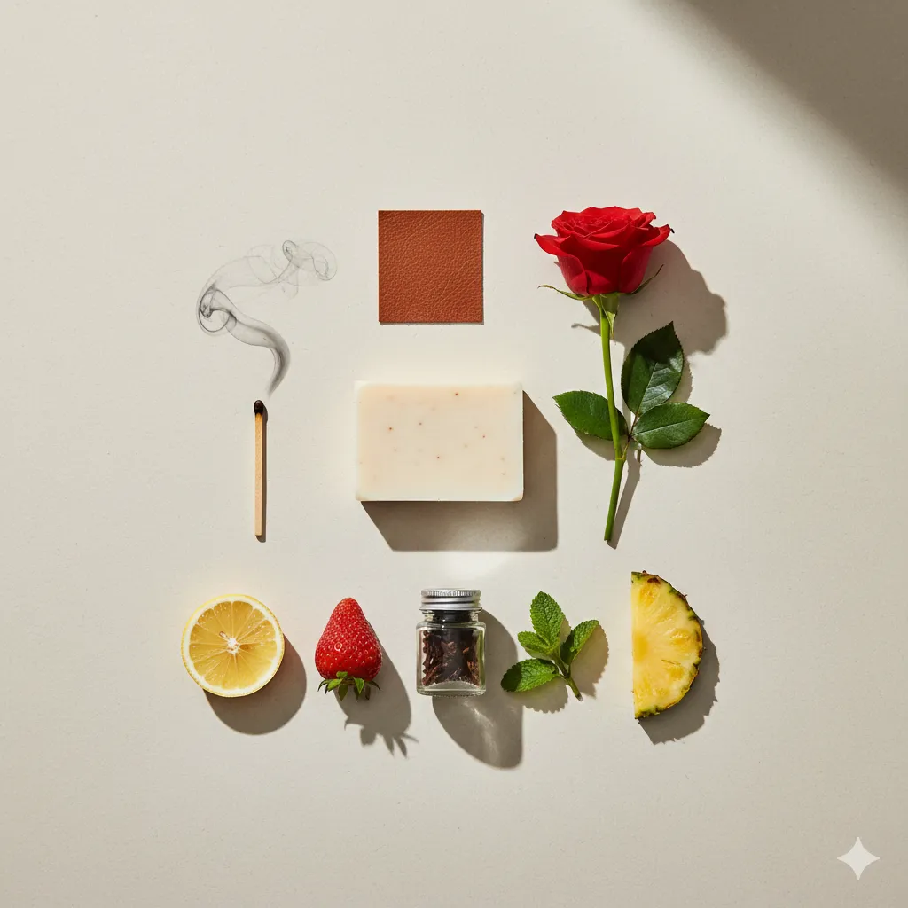 A minimal flat-lay of familiar scents such as soap, rose, leather, lemon, strawberry, clove, menthol, and pineapple arranged neatly on a light surface