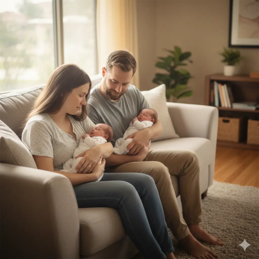 Parents sitting together on couch holding twin baby girls in warm living room
