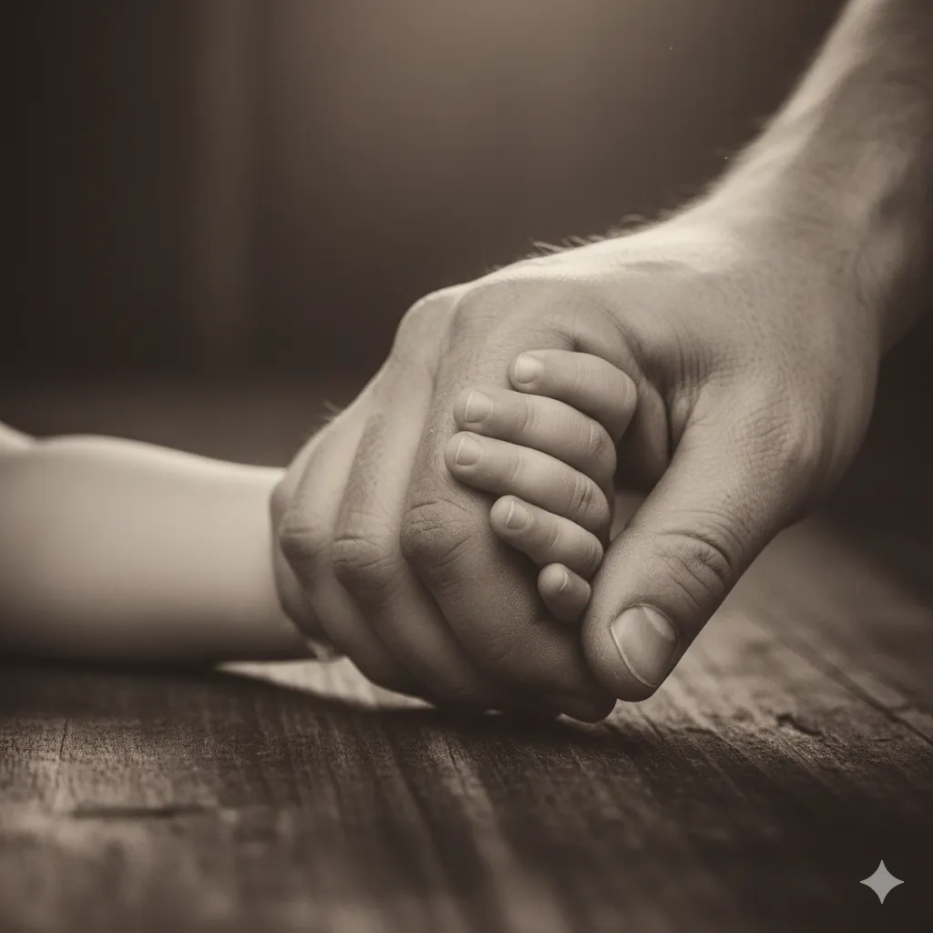 A close up of a father holding his daughter's hand