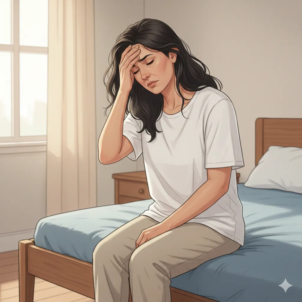 Person feeling dizzy and fatigued sitting on bed