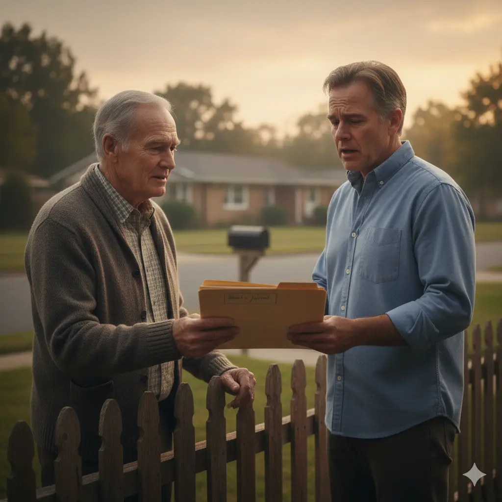 An elderly neighbor handing a worn folder to a grieving father by a fence at dusk, a moment of realization and regret.