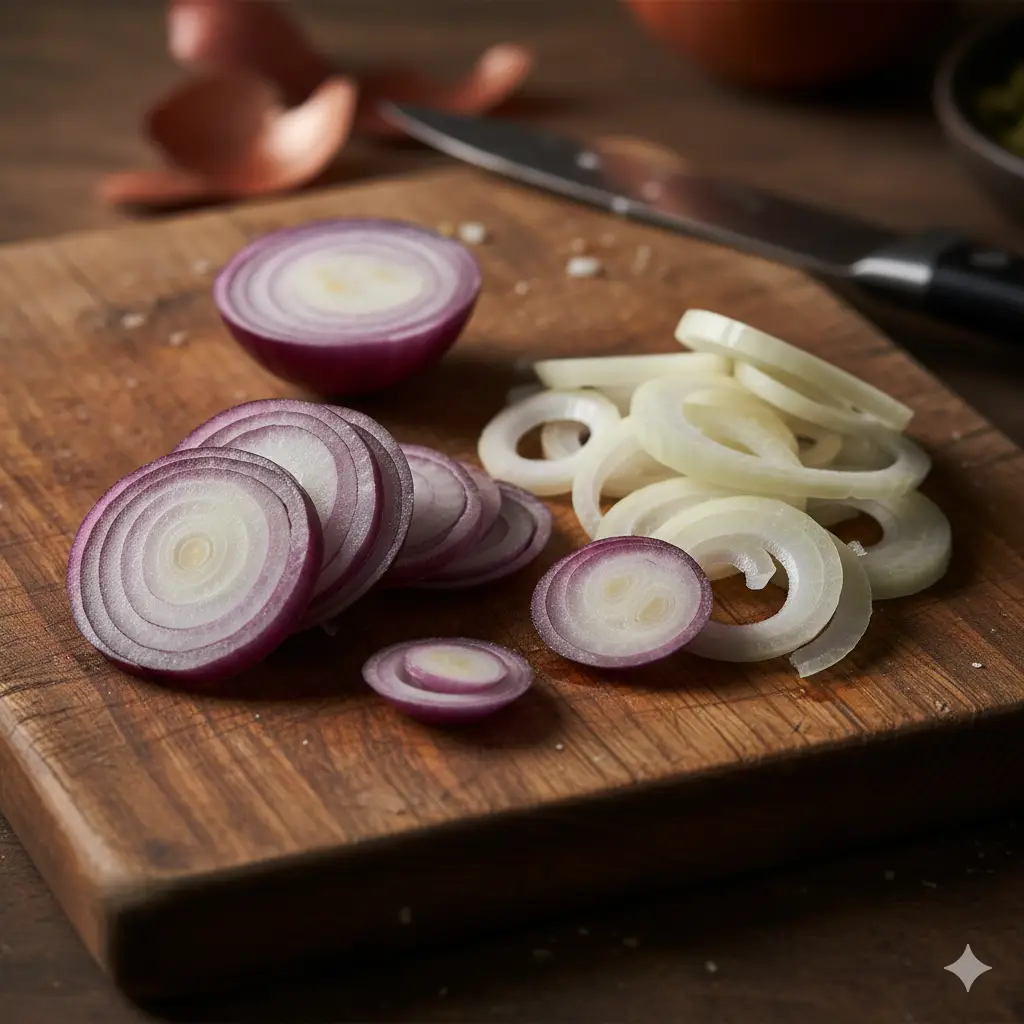 Fresh red and white onions on a wooden board