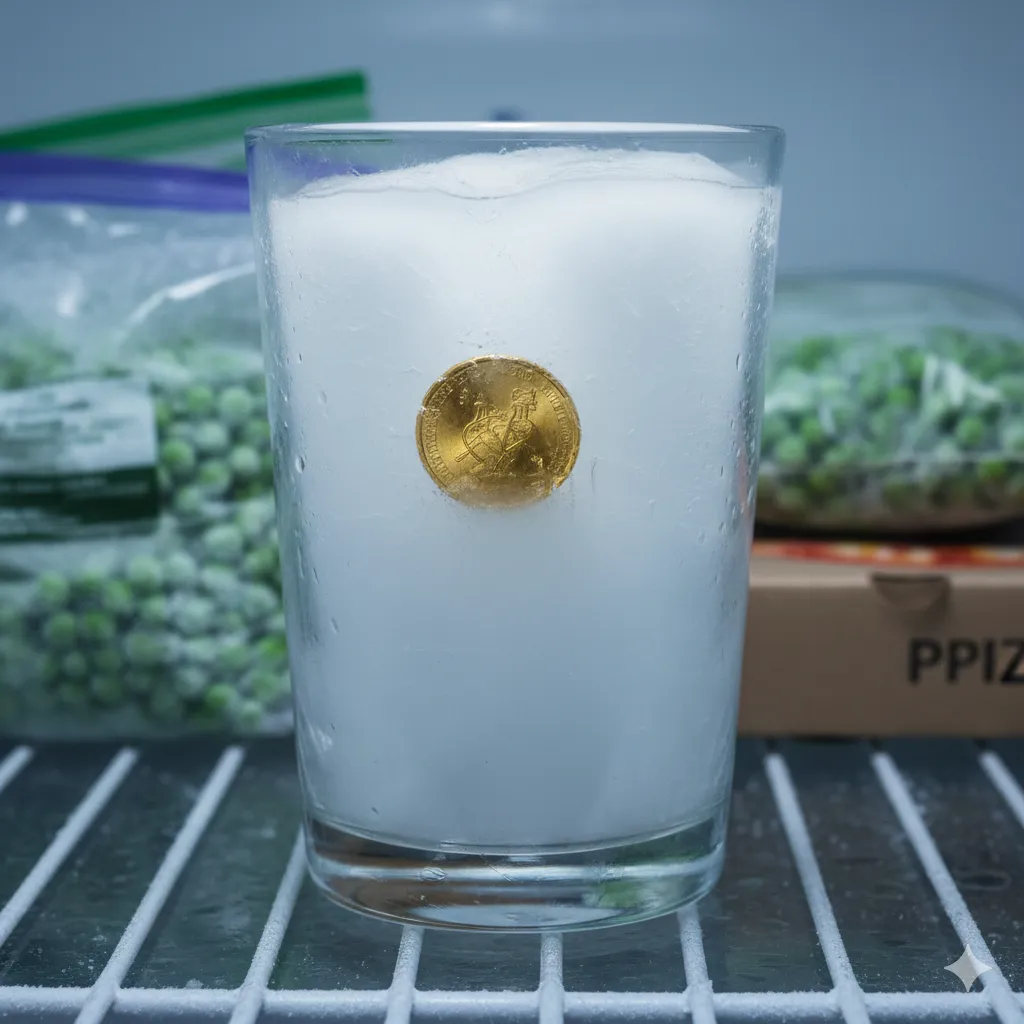 A coin frozen deep inside an ice block in a cup