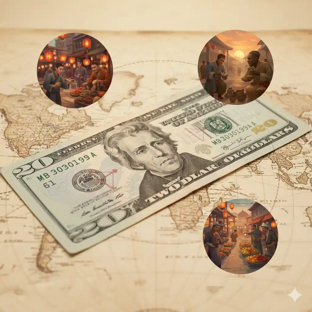 A $20 bill with visible chop marks placed over a world map representing global trade