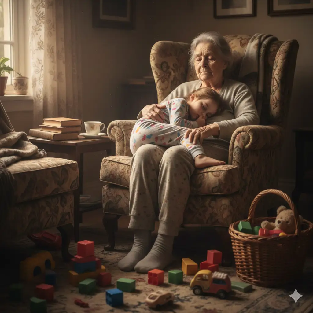 Elderly woman comforting her sleeping granddaughter on a couch