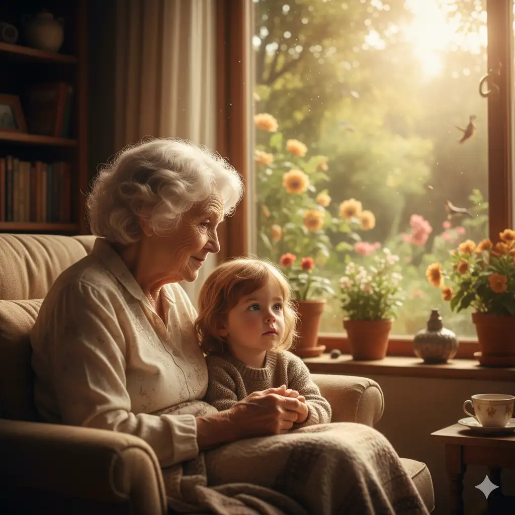 An old woman gently holding a child's hand, conveying intergenerational wisdom.