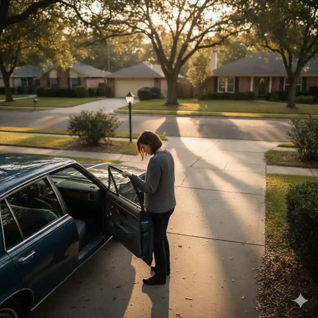 A woman standing by her late husband's car in a driveway